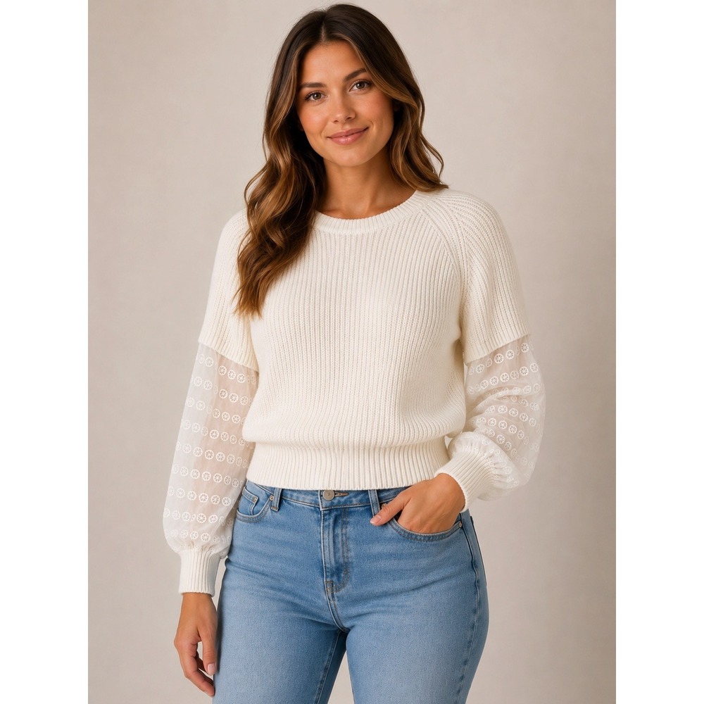 Heartloom‎ Cotton Knit Sweater Eyelet Puff Sleeve Cream Boho Cottagecore L Top